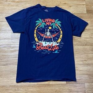 Blue graphic tee with "Living My Best Life" design